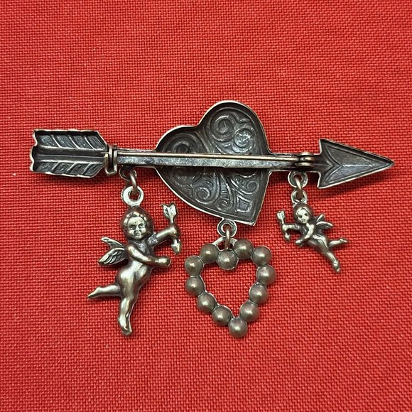 VTG Pin Brooch Arrow Through the Heart Hanging Angels - Picture 3 of 11